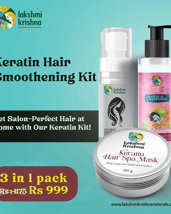 Get salon-perfect hair at home with my 3-in-1 Keratin Hair Smoothening Kit. This pack includes my Keratin Enriched Onion Shampoo, Keratin Hair Spa Mask, and Anti-Frizz Hair Serum for a complete treatment.