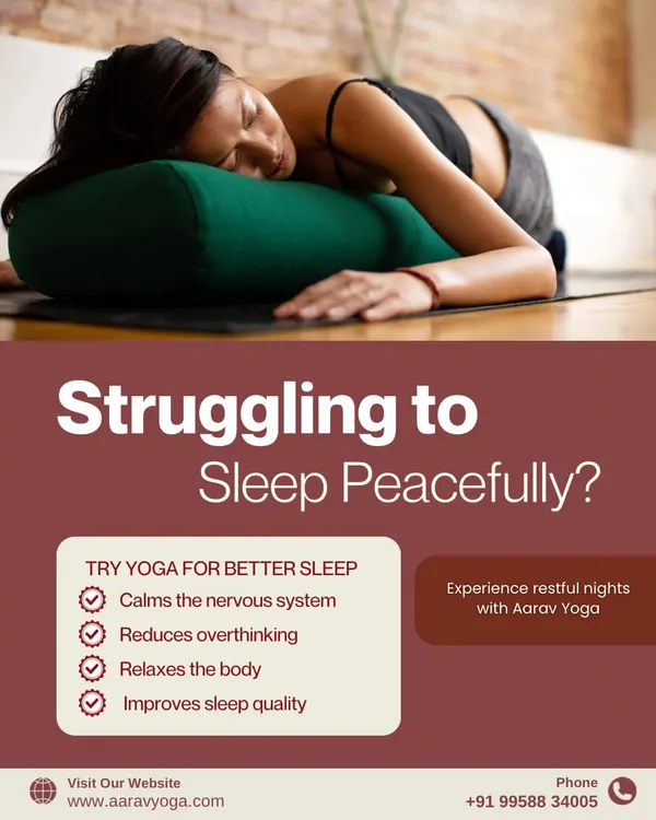 Struggling to sleep peacefully? This graphic explains how yoga can help by calming the nervous system, reducing overthinking, and relaxing the body to improve sleep quality.