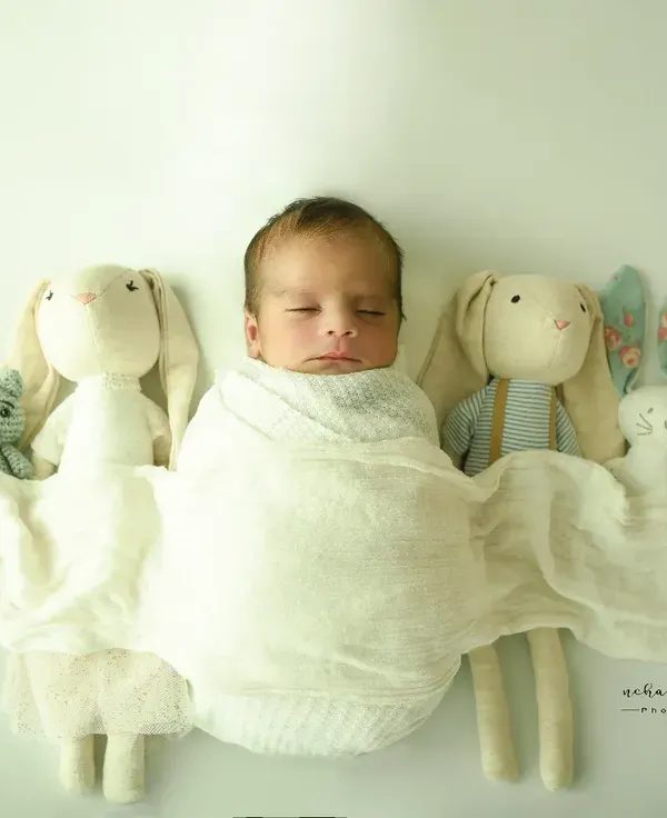 A sweet lineup of stuffed animal friends. This minimalist portrait on a clean white background keeps the focus entirely on the baby, surrounded by their soft toys.