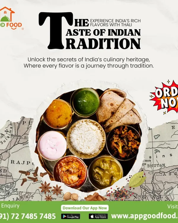 Unlock the secrets of India's culinary heritage. This image, set against a map of India, showcases a traditional thali that takes you on a journey through tradition.