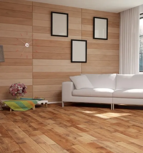 This living room showcases a classic light wood flooring paired with a matching wood-paneled accent wall. This combination creates a warm, cohesive, and modern Scandinavian-inspired look that is both timeless and inviting.