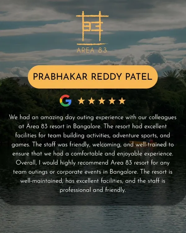 Prabhakar Reddy Patel calls it an "amazing day outing experience" with "excellent facilities for team building." That's what I love to hear.