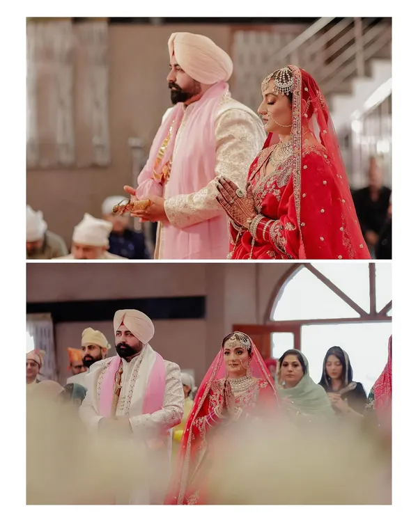 A collage from a traditional Sikh wedding, capturing the couple during the Anand Karaj ceremony. We focus on both the solemn rituals and the candid moments between the couple and their families.