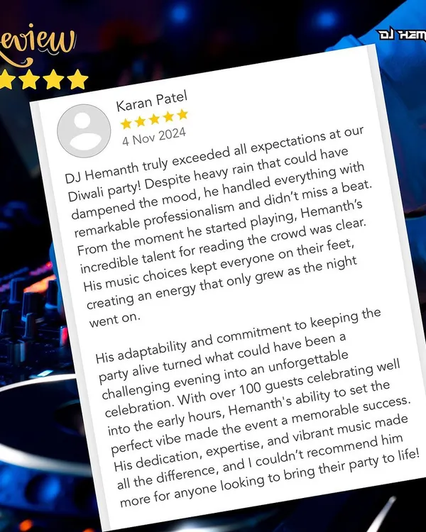 This review from Karan's Diwali party means a lot. Despite heavy rain, we kept the party alive for over 100 guests. It shows my commitment to making any event a success, no matter the challenges.