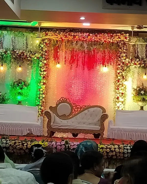 A beautifully decorated stage ready for a night of sangeet performances. I help with stage planning to make sure the performances look spectacular.