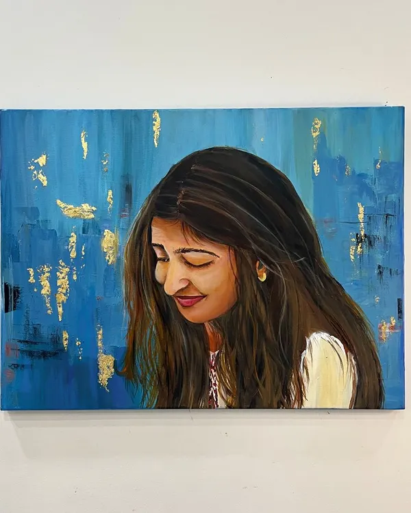 A finished self-portrait on canvas, created with acrylics and touches of gold leaf. This piece is very special to me, a quiet moment of self-reflection captured in paint.