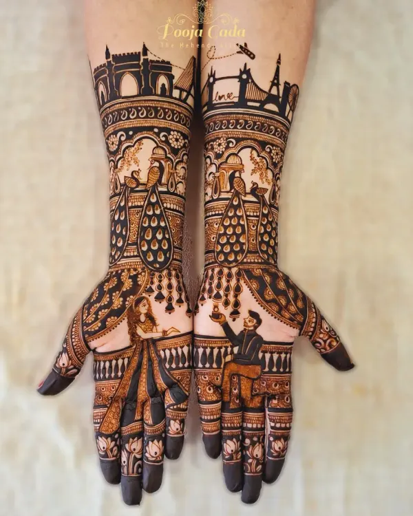 This is where my passion lies: telling your unique love story through henna. For this NRI bride from the US, we wove together the skylines of Mumbai and Paris, capturing her journey and the romance of her proposal. Every detail, from the couple's portrait to the airplane, is a cherished memory.