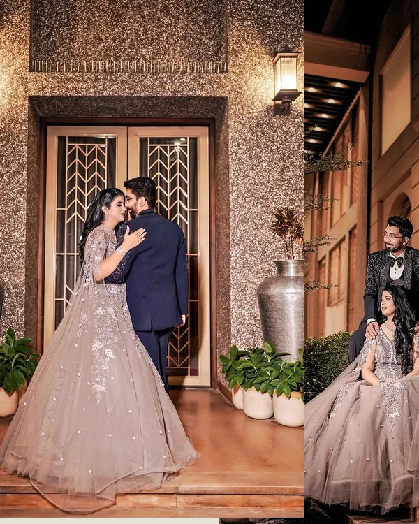 A happy couple at their engagement. I designed the groom's custom tuxedo with a textured jacket, a classic waistcoat, and a bow tie for a sharp, celebratory look.