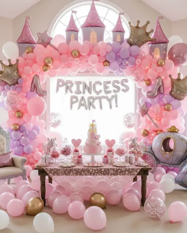 We bring fairy tales to life with our Princess Party theme. This grand setup features a full balloon arch in shades of pink, purple, and gold, complete with castle and crown foil balloons. The arrangement frames a beautifully decorated dessert table, creating a magical backdrop for your little one's celebration.