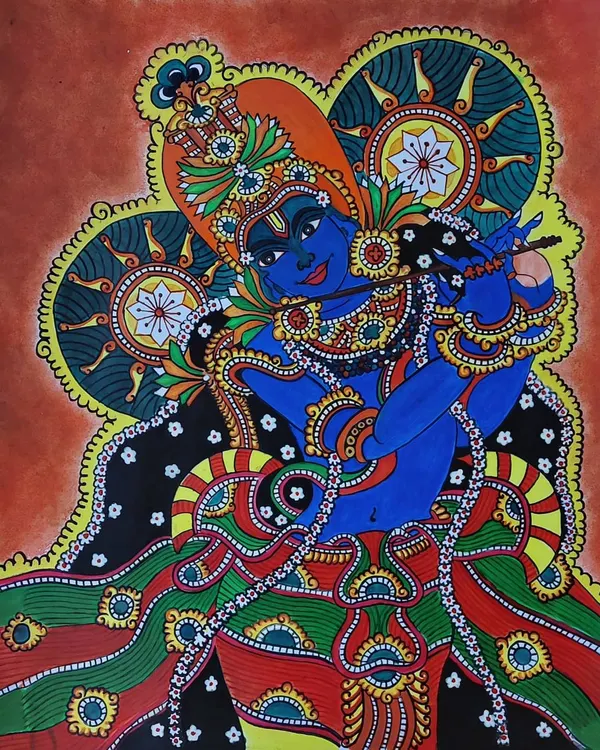This is one of my most detailed works, a Kerala mural painting of Murali Madhava. I poured my heart into the fine lines and rich, earthy colors to capture the divine presence of Krishna playing his flute. This 14x18 inch piece is a centerpiece for any room.