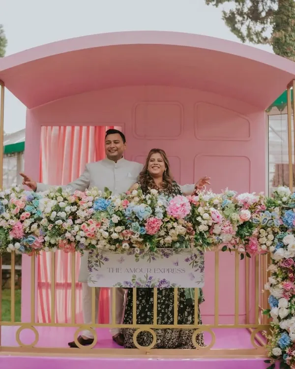 This 'Amour Express' train carriage was custom-built for a couple who met on a train journey 15 years ago. It served as the perfect, personal photo backdrop for their Mehendi ceremony.