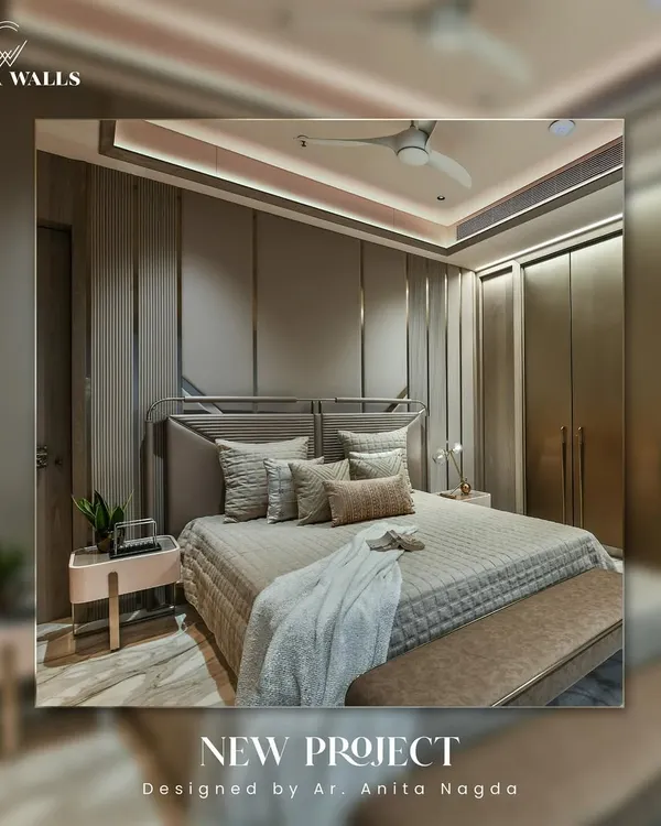 A complete bedroom project designed with architect Anita Nagda, featuring our custom upholstered bed with a unique metal frame headboard. The design is complemented by our coordinated wall panels, creating a serene and texturally rich environment.