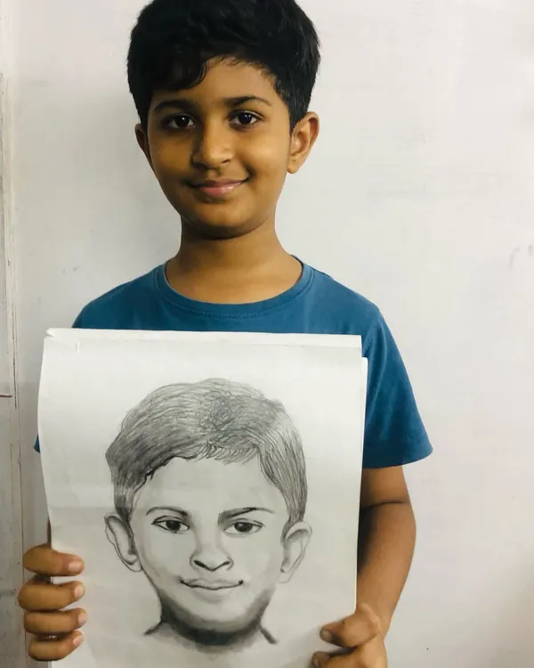 We are incredibly proud to showcase this self portrait by Shahbaaz, one of our youngest portrait drawing students at just 9 years old. His progress shows that with the right guidance, age is no barrier to skill.