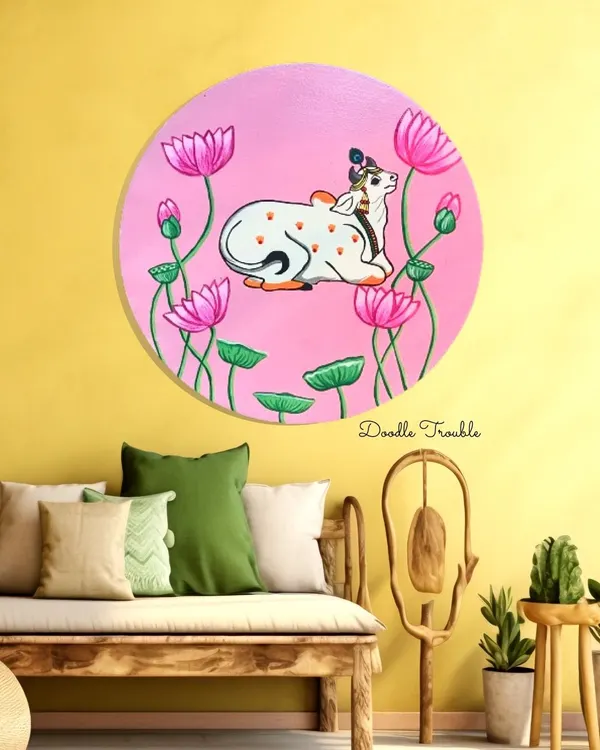 This modern Pichwai piece brings a sense of peace and tradition into a contemporary home. I love how the vibrant pink and sacred motifs create a focal point that is both calming and beautiful.