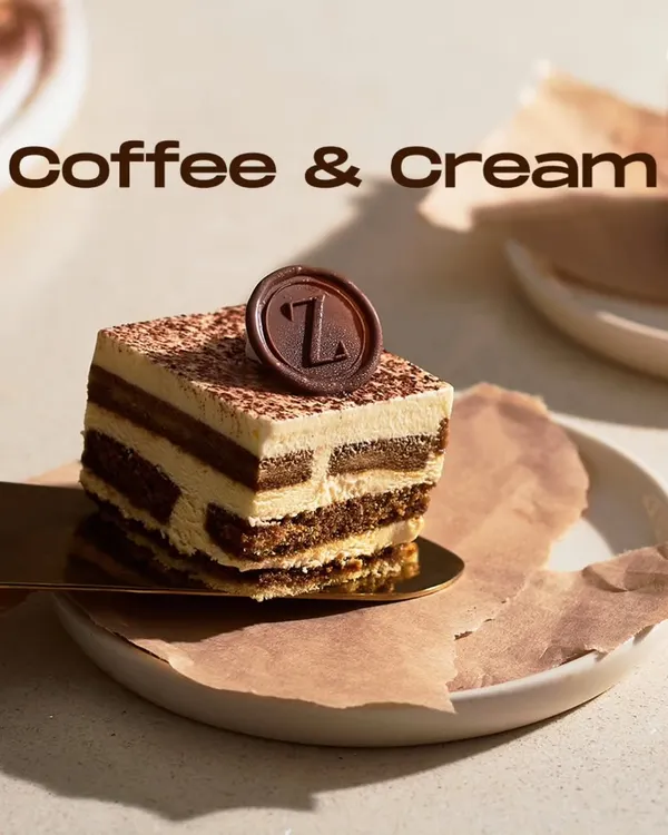 My Tiramisu is a timeless classic. I layer coffee-soaked ladyfingers with a creamy mascarpone mousse and finish it with a dusting of cocoa and our signature chocolate seal.