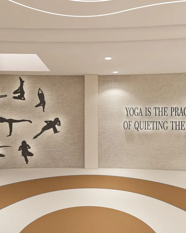 Peace deserves a beautiful space. We designed this yoga studio with a clean, open layout and inspiring wall art to create a calm and focused environment for practice.