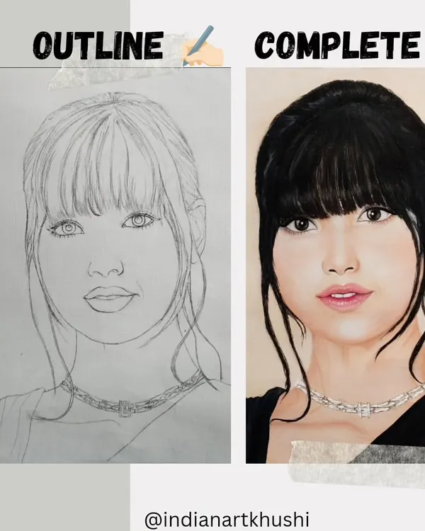 From a simple outline to a fully rendered oil painting. This before-and-after shows my process for creating a colorful portrait of Blackpink's Lisa, building up layers of color to achieve a realistic skin tone and texture.