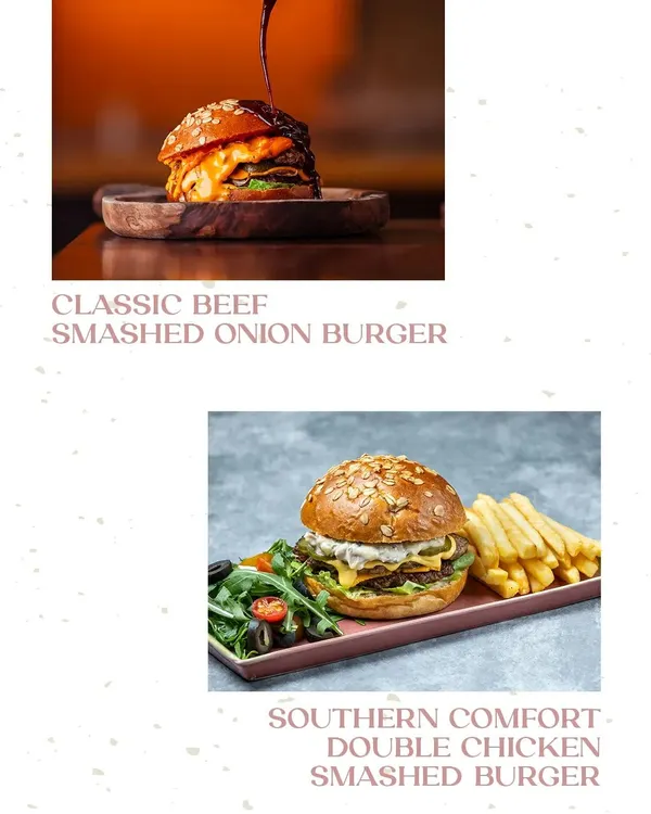 A preview of our burger collection, featuring the Classic Beef Smashed Onion Burger and the Southern Comfort Double Chicken Smashed Burger.