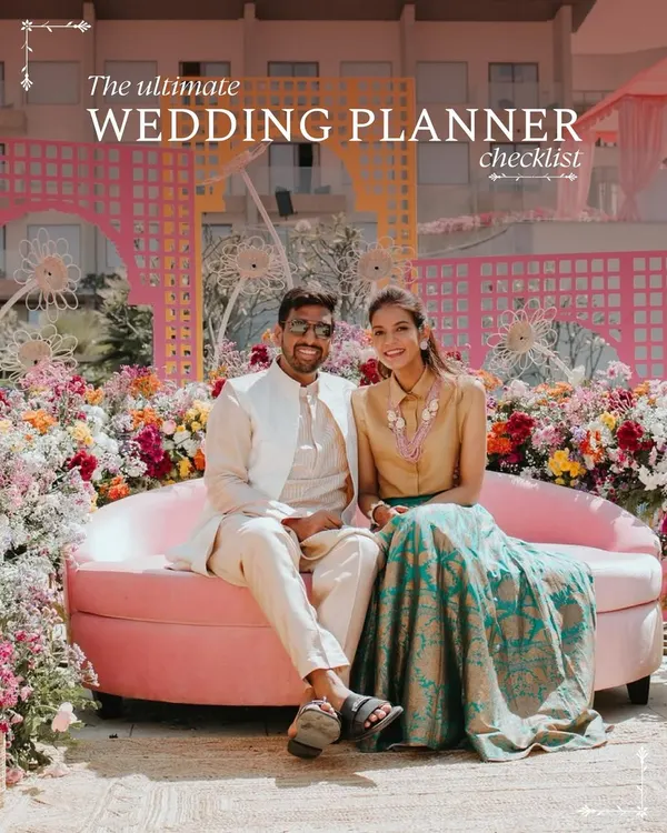 The only wedding checklist you'll ever need. This graphic, featuring a happy couple at their Mehendi, is a guide to help you plan your big day minus the stress.