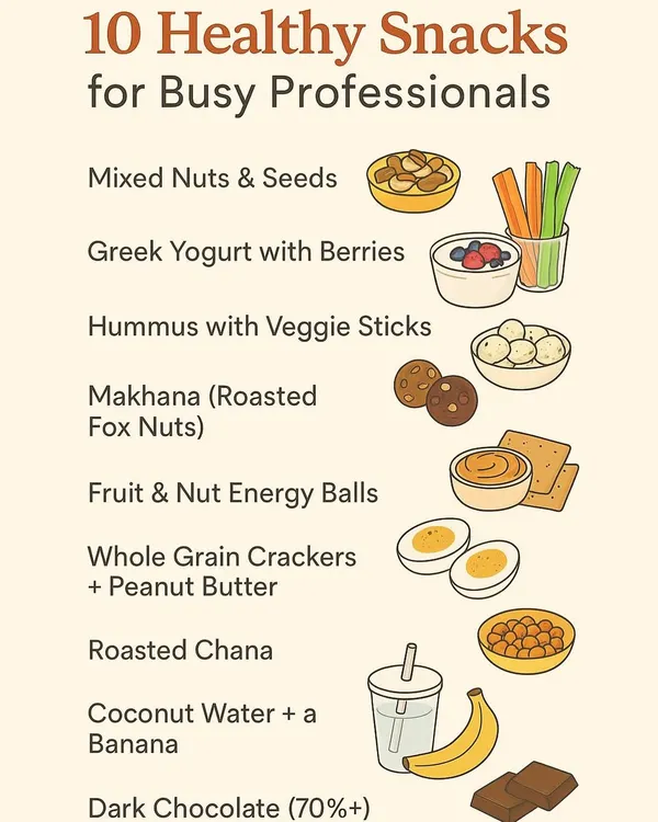 For busy professionals, having healthy snacks on hand is crucial. This list includes ten easy and nutritious options like mixed nuts, makhana, and hummus with veggie sticks to keep you energized through the day.