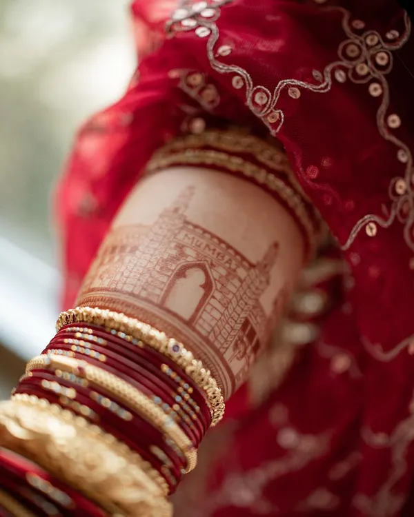 This is the beautiful, dark henna stain on TV star Roopal Tyagi. The design features the Mumbai skyline, a tribute to her 'karma bhoomi'. This is the rich, long-lasting color you can expect from my 100% natural henna powder and oils.