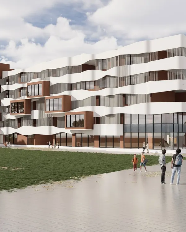 This render shows Phase 1 of the AWE India School in Rajasthan. The design features soft, inviting curves for the primary wing and a projected facade that shades labs and classrooms, blending aesthetics with functional, climate-responsive design.