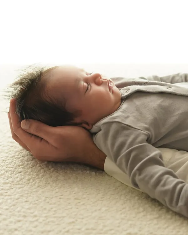 A newborn baby in a grey onesie rests peacefully, their head cradled in a parent's hand. This shot, taken on a soft blanket, highlights the trust and comfort of an at-home session.