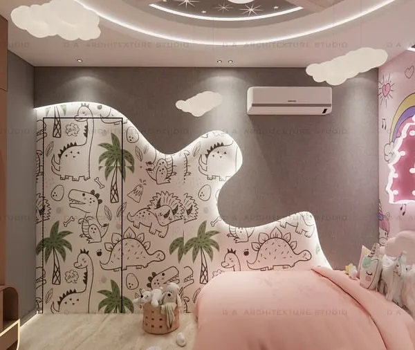 A close-up of the unicorn-themed bed area, featuring a pink color scheme, a unicorn-shaped neon light, and a custom headboard with a dinosaur pattern, blending two themes in one room.