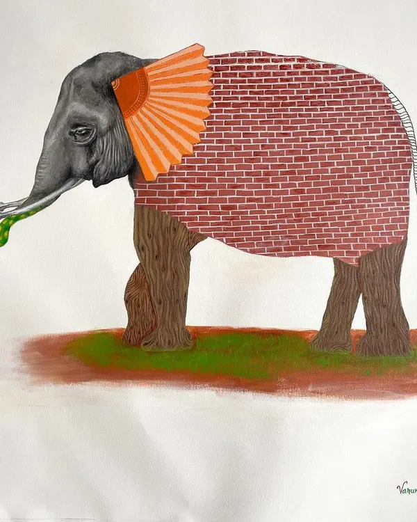 This painting illustrates the ancient parable of the 'Six Blind Men and an Elephant'. Each part of the elephant is depicted as the men perceived it: a snake, a fan, a tree trunk, a brick wall, a rope, and a spear. It was a fascinating conceptual challenge commissioned by a client.