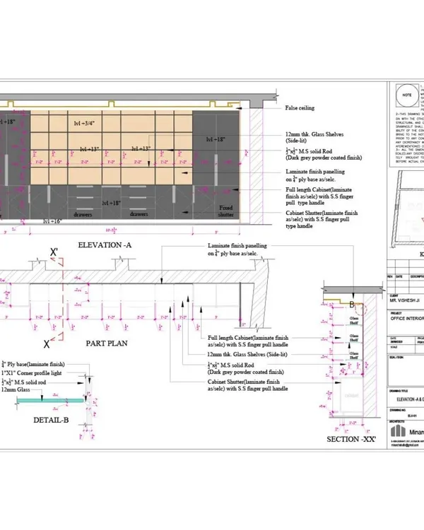 Precision is key to our turnkey process. This is a detailed technical drawing for an office cabin's storage unit, showing elevations, sections, and material specifications. This ensures what we design is exactly what gets built on site.