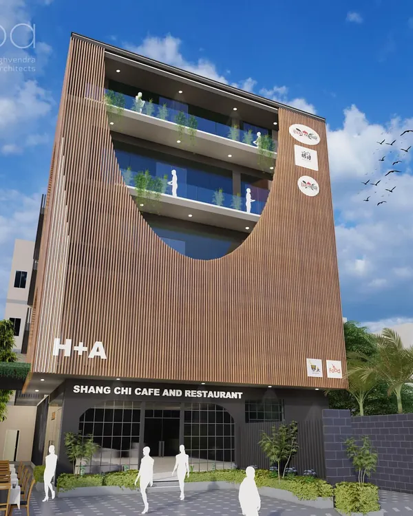 This is our design for the Shang Chi Cafe and Restaurant in Noida. The facade features distinctive terracotta-finished vertical fins that create a dynamic visual identity while also providing solar shading for the west-facing front, a key element of our solar passive architecture approach.