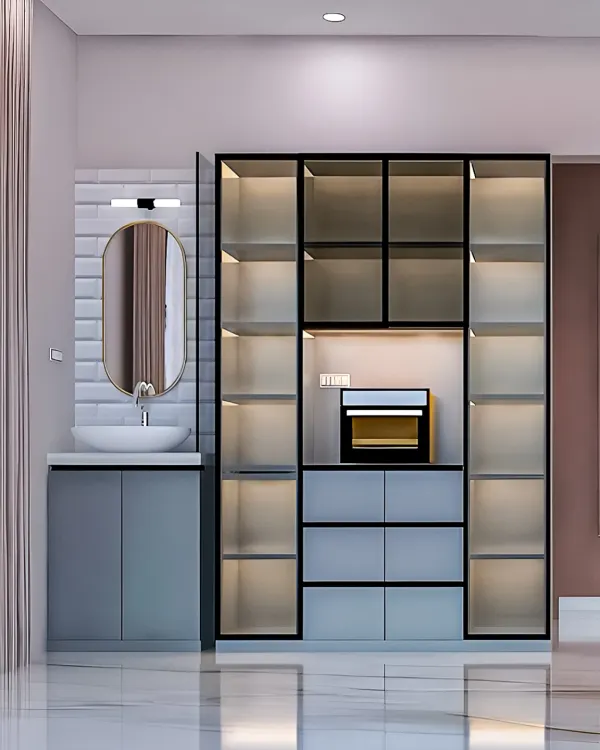 A modern crockery and utility unit designed for a dining area. It features a combination of glass-front cabinets with internal lighting for display, closed drawers for storage, and a dedicated niche for a microwave.