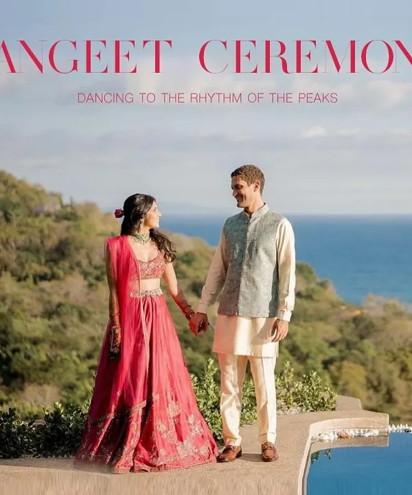Dancing to the rhythm of the peaks in Costa Rica. For this destination Sangeet, we styled the couple in looks that were elegant, vibrant, and harmonious with the stunning mountain and ocean backdrop.