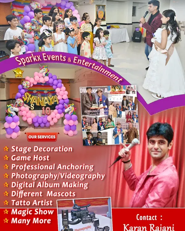 A summary of the wide range of services my company, Sparkx Events & Entertainment, offers. We are a one-stop solution for stage decoration, game hosting, anchoring, photography, mascots, and much more.