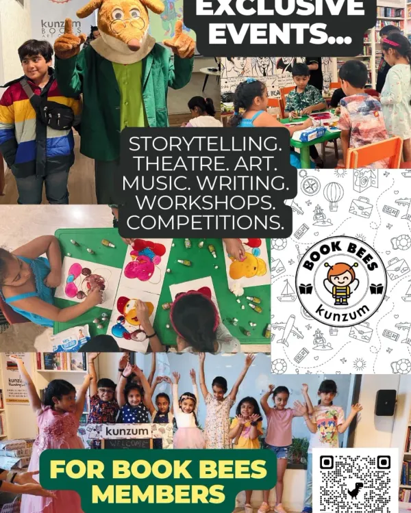 Become a part of our family! This collage showcases the variety of exclusive events we offer for our Book Bees members, from storytelling and theatre to art workshops and competitions.