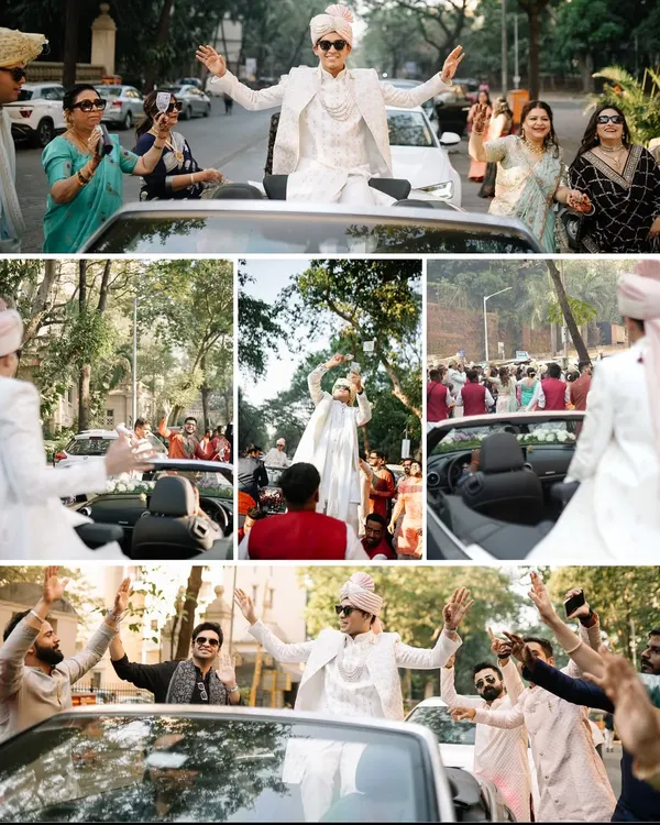 The groom's baraat was a full-on street party! We organized this grand procession with the groom in a convertible, surrounded by his dancing friends and family.