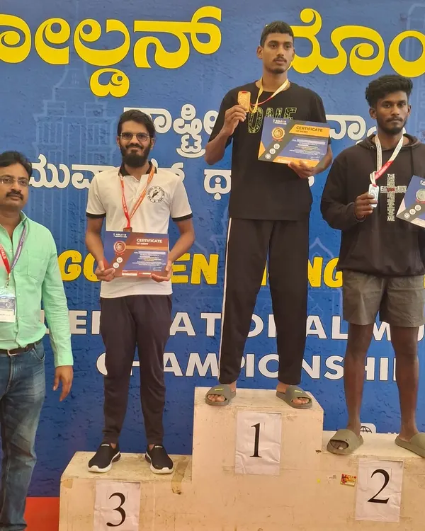 We are incredibly proud of our fighters, Abhishek R K and Abhishek D, seen here on the podium at the Golden Mongkhon Amateur National Muay Thai Championship. Both showed immense courage in their first-ever Muay Thai competition, with Abhishek R K securing a bronze medal.
