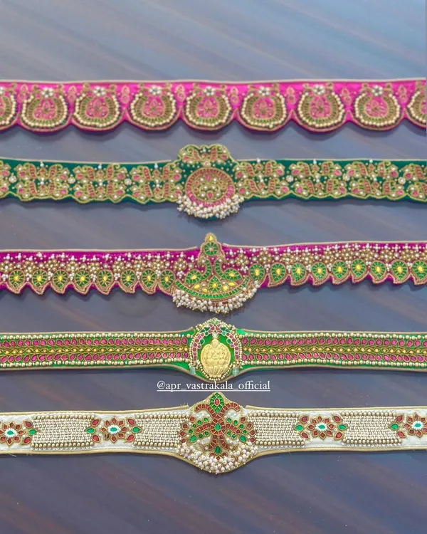 A collection of our versatile, custom-embroidered waist belts. We design them in various styles, from traditional temple motifs to delicate floral patterns, to perfectly match your saree or half-saree.