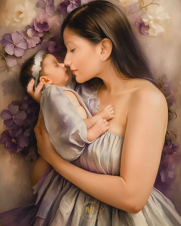 An artistic, painting-like portrait of a mother holding her newborn, reminiscent of a classic masterpiece. This is part of my fine-art editing style.