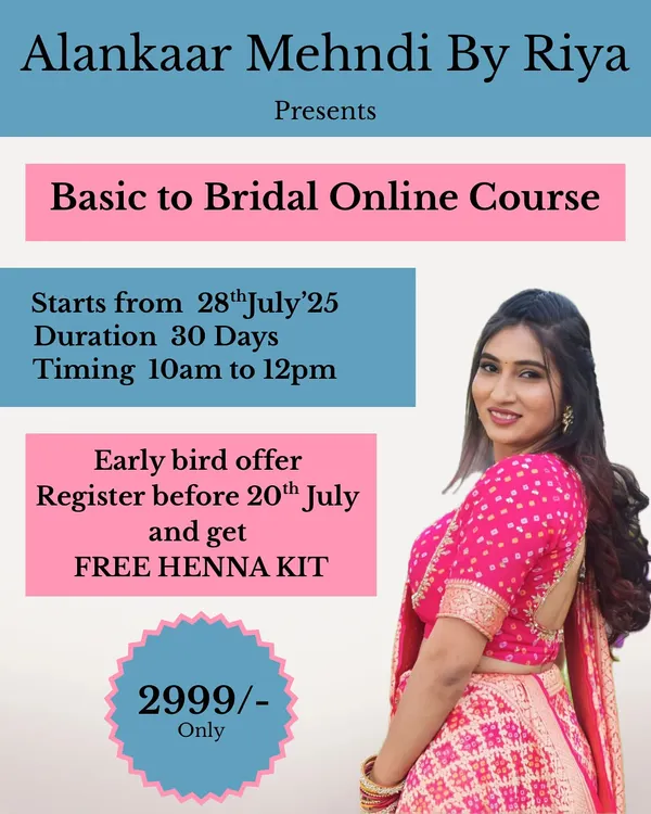 All the details for my comprehensive 30-day online henna course. You will learn everything from basic to advanced bridal techniques in live classes, with full support from me.