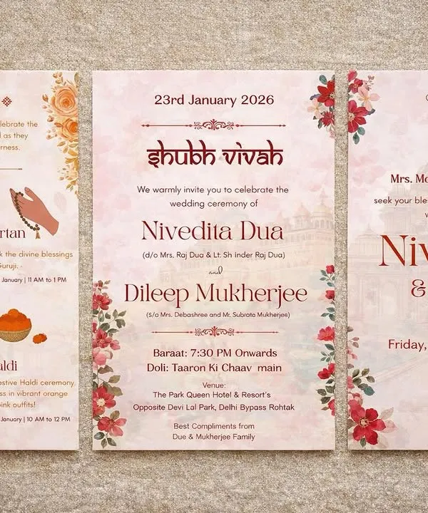 This is a complete wedding invitation suite I designed for Nivdita and Dileep. It includes the main 'Shubh Vivah' invite, a detailed itinerary for events like Mehendi and Haldi, and a card with a blessing. Every piece is connected by a soft floral theme and traditional motifs, telling a cohesive story.