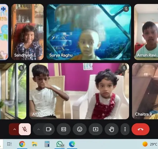A screenshot from our online kindness workshop, showing kids from different places interacting and sharing ideas.