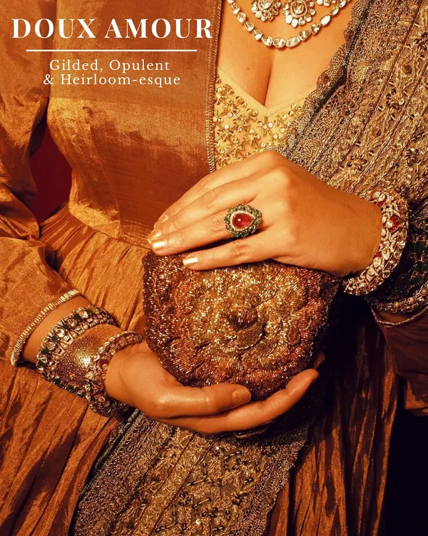 Bags are the new IT accessories. This gilded, opulent, and heirloom-esque potli from Doux Amour is perfect for a bride who loves a touch of vintage luxury.