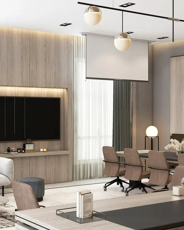 This executive office and meeting lounge showcases our expertise in creating multifunctional commercial spaces that are both impressive and productive, featuring custom wood panelling and integrated lighting.