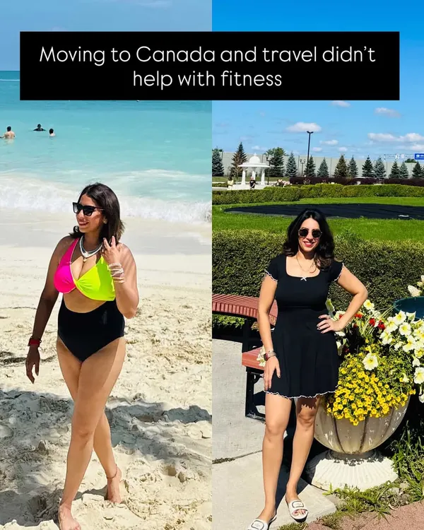 A side-by-side comparison showing a client's transformation journey, highlighting the change in body composition and confidence. This is proof that you can reclaim your fitness even after major life changes like moving to a new country.