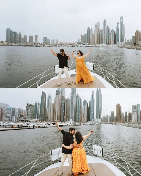 A collage of a couple's joyful celebration on a yacht, with the impressive Dubai Marina skyline in the background. Their energy is as vast as the city behind them.