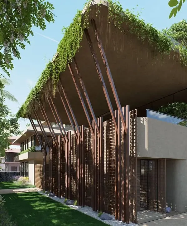 "The Sanctuary" is designed as a lightweight pavilion with a living, breathing facade. A lush green roof drapes over the structure, supported by angled timber columns, creating an architecture that is defined by and intertwined with nature.