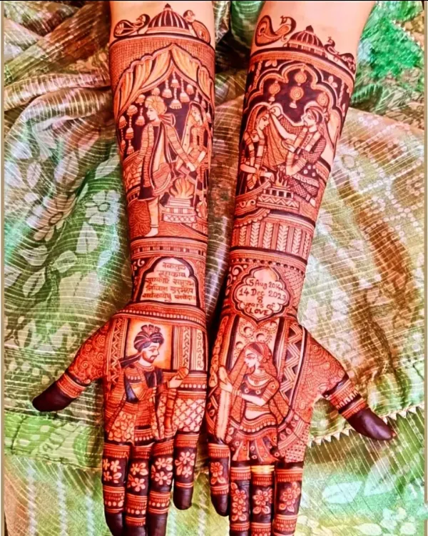 This is what I mean when I say your mehendi should tell your story. For this bride, I created a complete narrative with portraits of the couple, the sacred varmala exchange, and other special moments. Notice the deep, rich red stain, that's my promise of real colour for your big day.