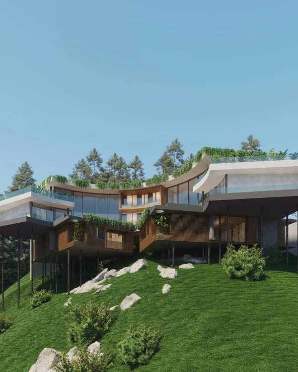 A render of an upcoming holiday retreat in Kasauli, designed to cascade down a steep hill. The structure uses stilts and cantilevered terraces to minimize its impact on the ground while providing every room with an unobstructed mountain view.