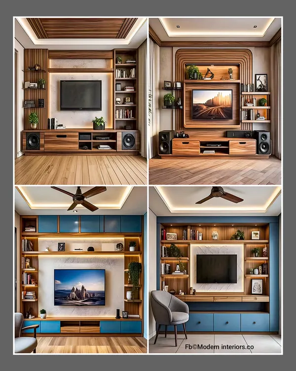 A collection of four innovative TV unit designs. I've played with different materials and layouts, from all-wood units with integrated speakers to modern blue and wood combinations, all providing ample storage.